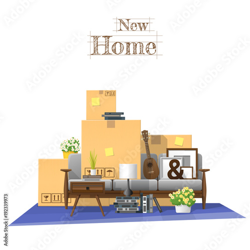 Moving home concept background with cardboard boxes and furniture in new living room , vector , illustration