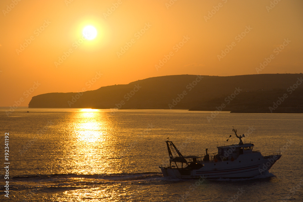 Boat And Coastline At Sunset, Malta