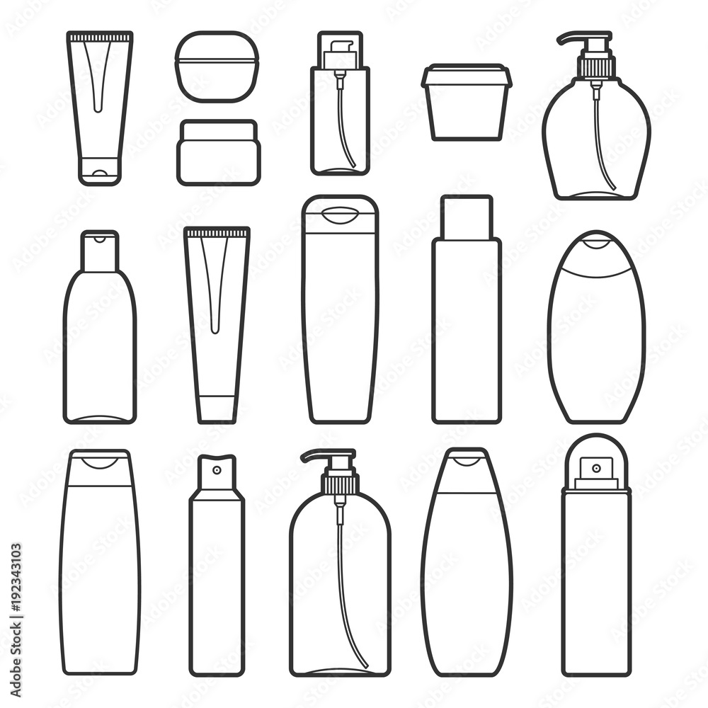 Set of vector cosmetic bottles line style icons on a white background. Collection of different forms and types Set of vector cosmetic bottles line style icons on a white background. Collection of different forms and types