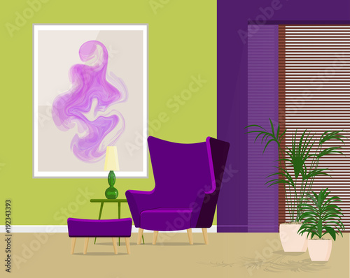 Design of a cozy living room with a trendy chair of ultraviolet color.
