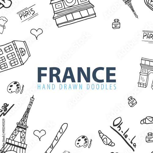 France and Paris Hand drawn travel doodles. Vector illustration