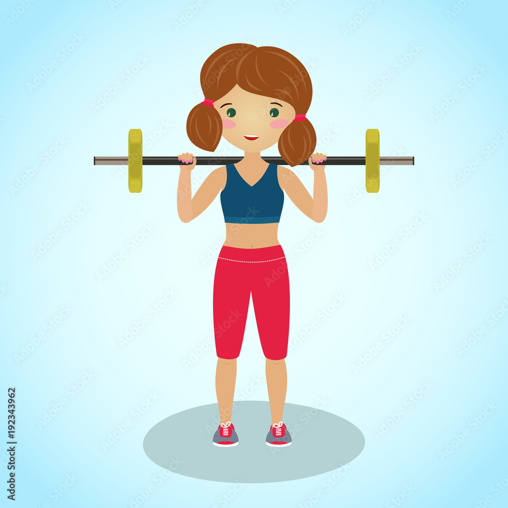 Cute girl with a barbell. Gym illustration. Routine workout. Cartoon  character. Fitness girl squatting. Healthy young woman in sportswear  involved in sports. Stock Vector | Adobe Stock
