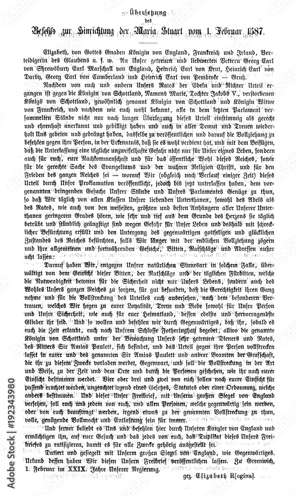 German transcription of order to execute a death sentence to Mary, Queen of Scots, February 1, 1587 (from Spamers Illustrierte Weltgeschichte, 1894, 5[1], 648/649)
