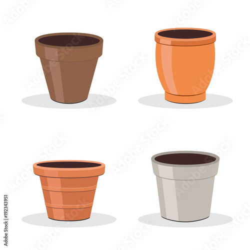 Set of four flower pots isolated on white. Gardening equipment. Terracotta flower pot icons or illustrations.