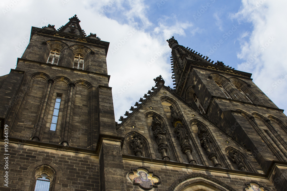 Fototapeta premium The Basilica of St Peter and St Paul is a neo-Gothic church in Vyshegrad fortress in Prague, Czech Republic.