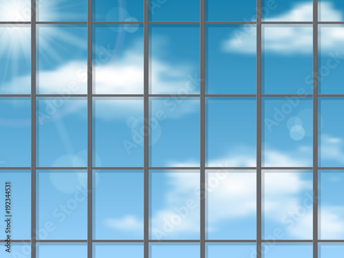 Sky reflection in the skyscraper wall. Vector architectural background.