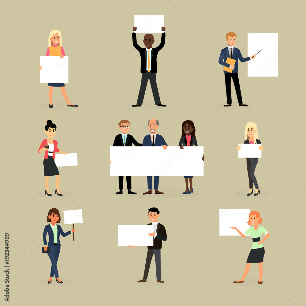 Businessman holding banner vector business woman character holds white banner or empty poster illustration set of team standing with placard isolated on background