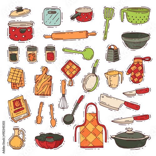 Kitchenware vector cookware for cooking and kitchen utensils or cutlery for kitchener illustration tableware in kitchenette set isolated on white background