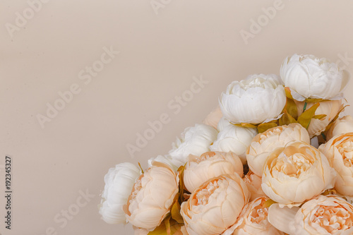 Beautiful spring flowers background, peonies. Bouquet of pink and white peony with space for text