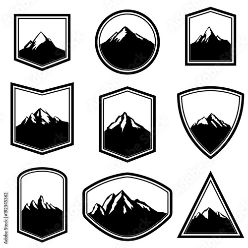 Set of empty badges with mountains. Design elements for logo, label, emblem, sign.
