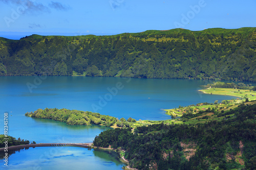 Landscape of the volcanic crater lake of Sete Citades in Sao Miguel Island of Azores  Portugal