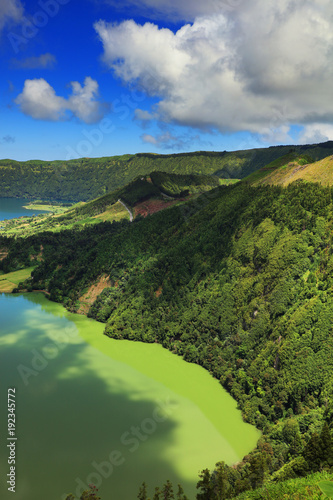 Aerial view Lake Azul and Lake Verde, Sete Cidades, Sao Miguel Island, Azores Portugal
