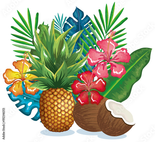 tropical garden with pineapple and coconut vector illustration design fruits, leaves and flowers, summer and exotic concept