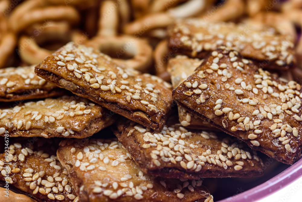 biscuits with sesame seeds and small bagels photographed macro biscuits with sesame seeds and small bagels photographed macro