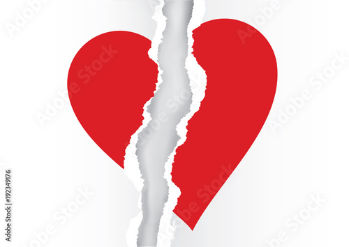 Red heart symbol on white ripped paper.
Torn paper with broken heart icon symbolizing the end of love. Vector available.
