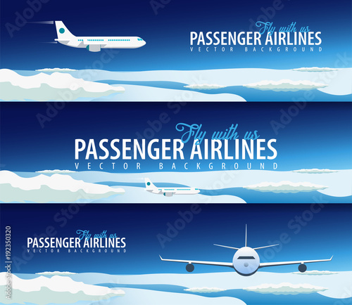 Set of Passenger Airlines banners. Clouds sky background with airplane. Vector illustration