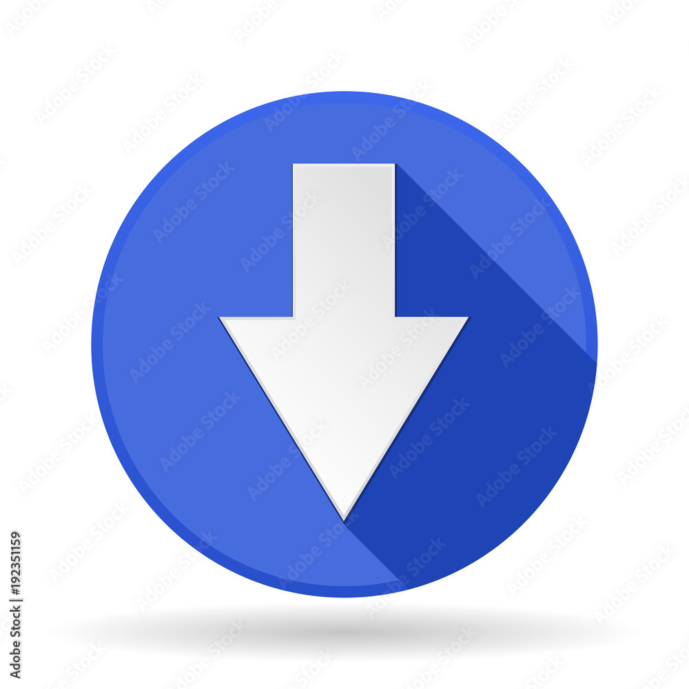 Arrow icon. Blue round sign with shadow. Down arrow Arrow icon. Blue round sign with shadow. Down arrow