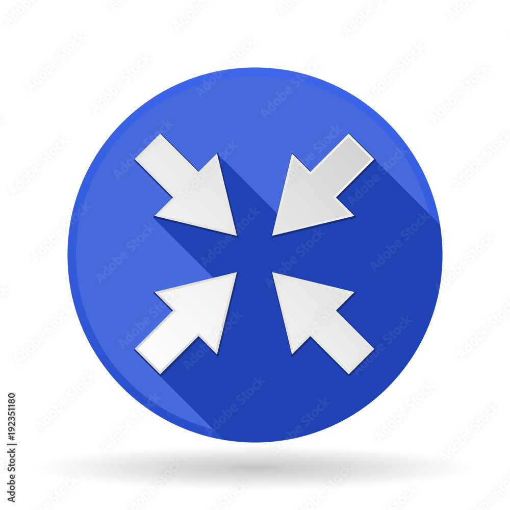 Arrows icon. Blue round sign with shadow. Center symbol Arrows icon. Blue round sign with shadow. Center symbol