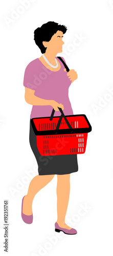 Woman doing everyday grocery shopping with shopping basket at supermarket, vector isolated on white background. Lady usual walk after work with consumer bag buy food and another goods in market.