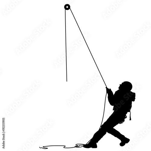 Black silhouette craftsman pulling rope on white background