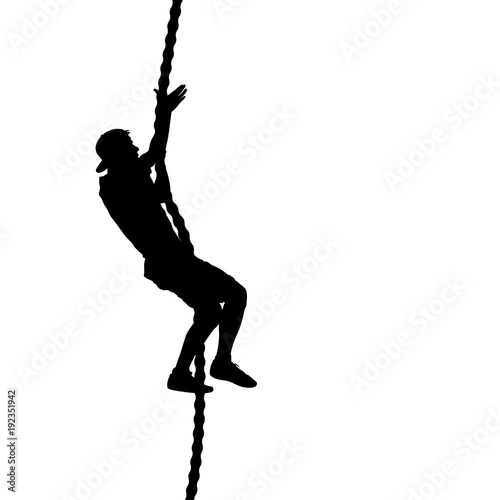 Black silhouette Mountain climber climbing a tightrope up on hands