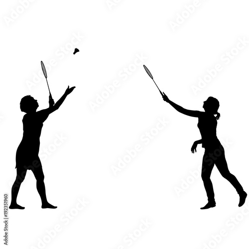 Black silhouette of female badminton player on white background