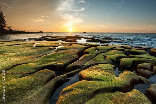 rocks covered by green moss by the beach during vibrant sunset. © udoikel09