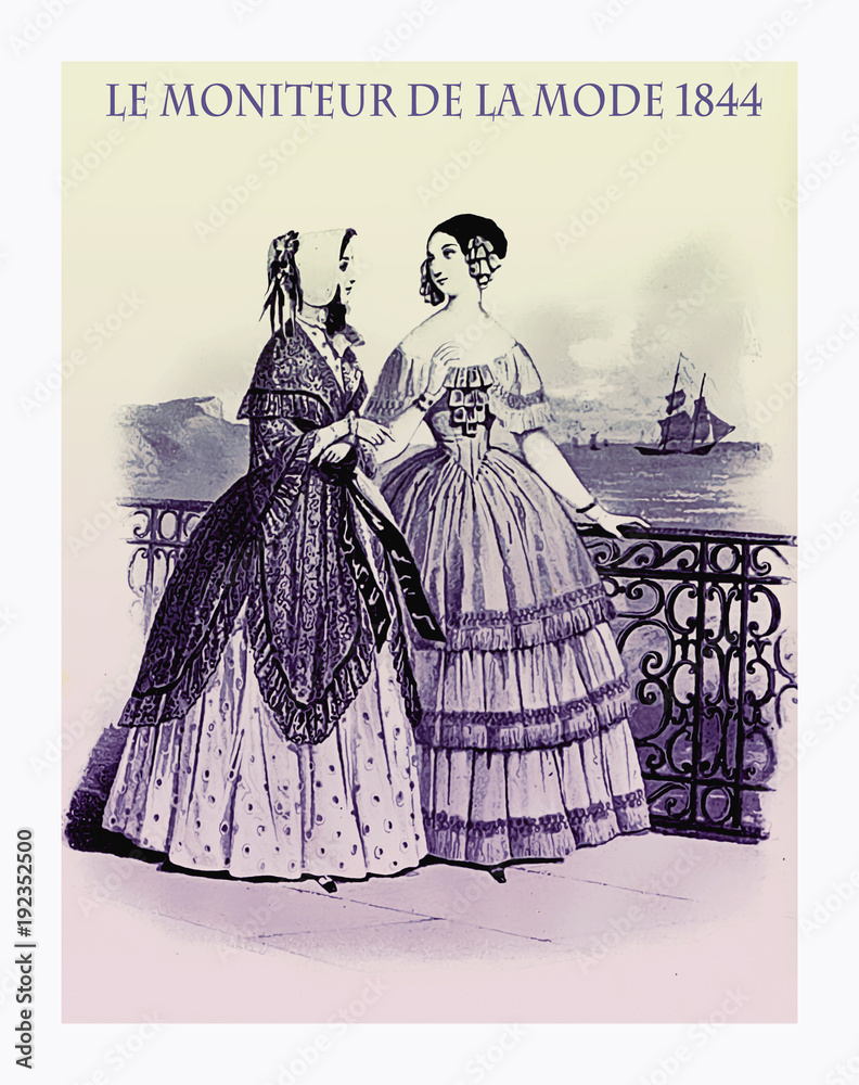 1844 vintage fashion, French magazine Le Moniteur de la Mode presents two ladies walking leisurely outdoor near the sea with fancy cloths - obrazy, fototapety, plakaty 