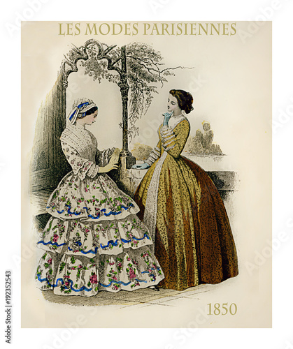 1850 vintage fashion, French magazine Les Modes Parisiennes presents two ladies chatting leisurely outdoors with fancy cloths and hairdressing photo