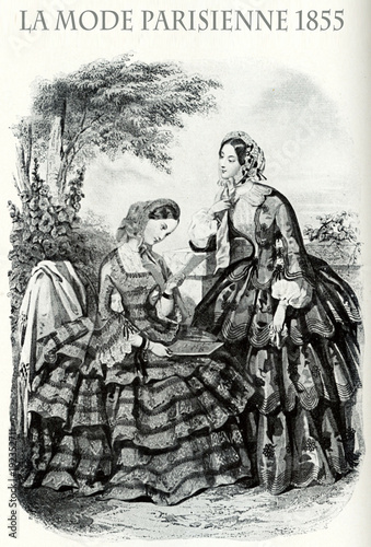 1855 vintage fashion, French magazine La Mode Parisienne presents two ladies  leisurely outdoor with fancy cloths and elegant hats © acrogame
