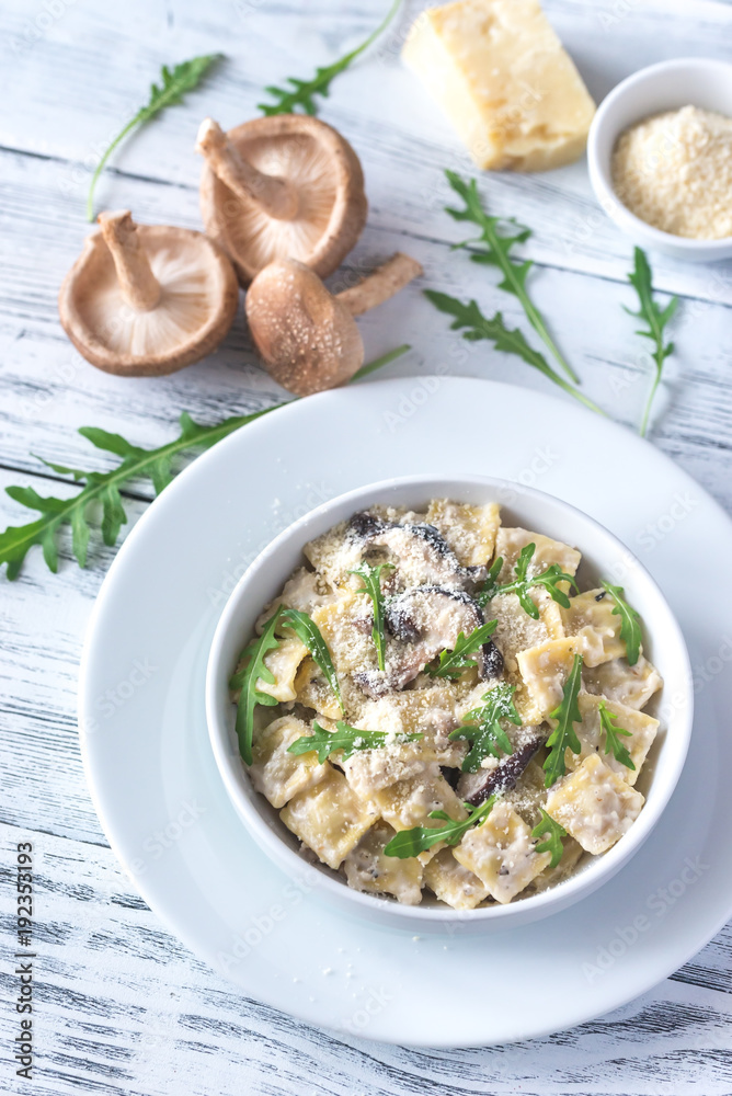 Portion of creamy mushroom ravioletti Portion of creamy mushroom ravioletti
