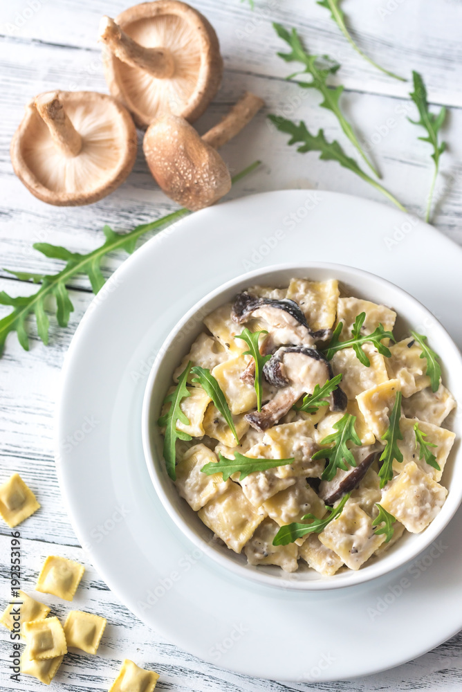 Portion of creamy mushroom ravioletti Portion of creamy mushroom ravioletti
