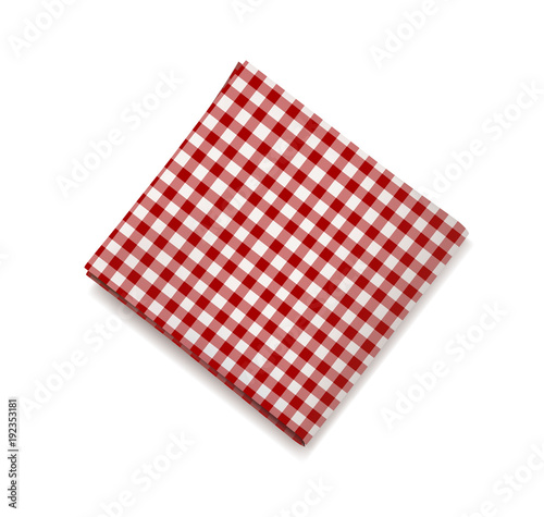 Red napkin on a white background. Plaid gingham tablecloth for cafe and restaurant design