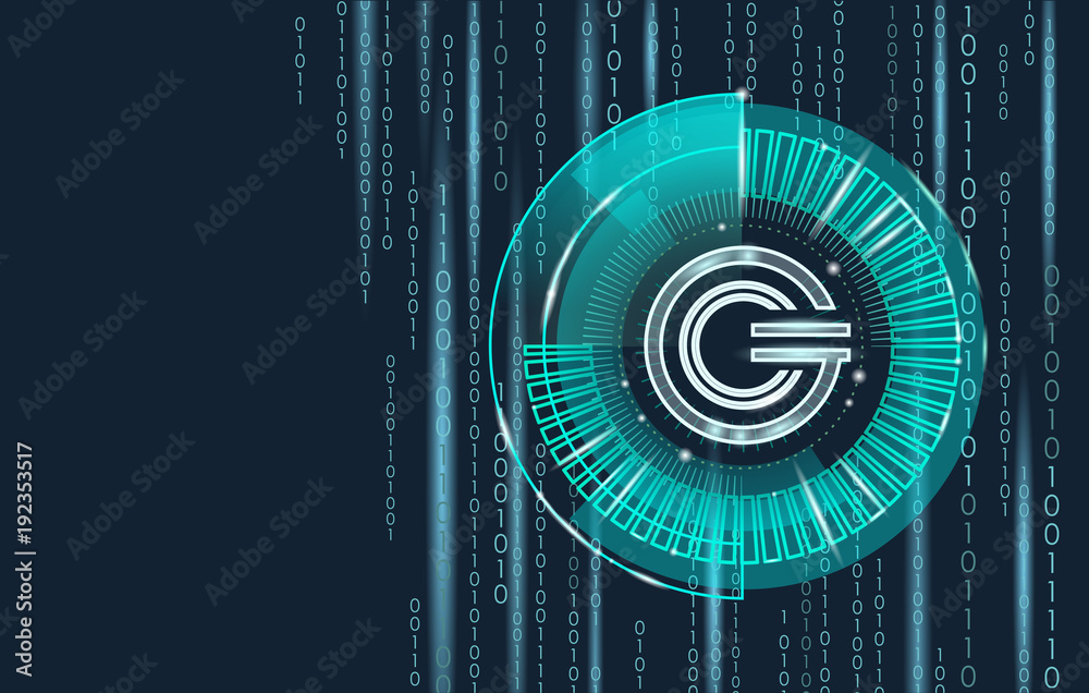 Fototapeta premium Global cryptocurrency GCC coin geometric glowing symbol. 3d render hud target display digital electronic banking future innovation business technology vector illustration
