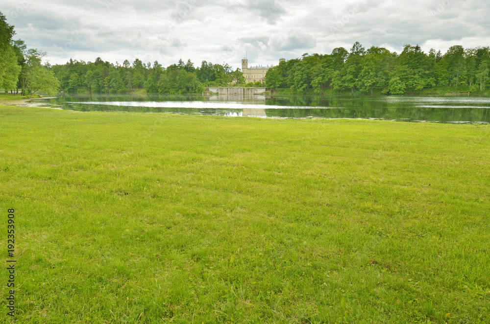 Green meadow on the banks of the lake.