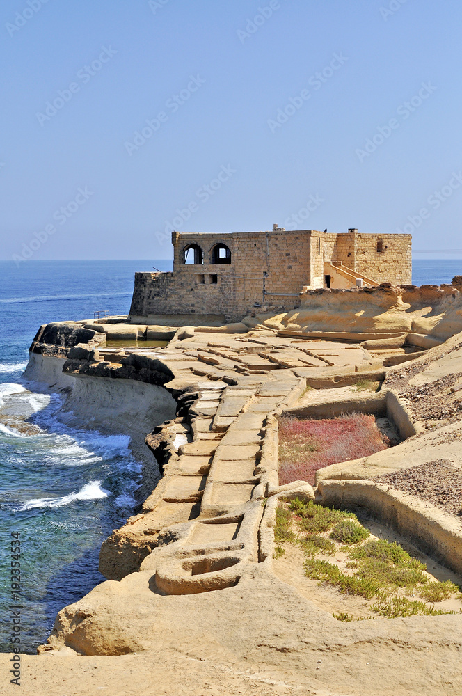 Island of Gozo with an old building and the ocean