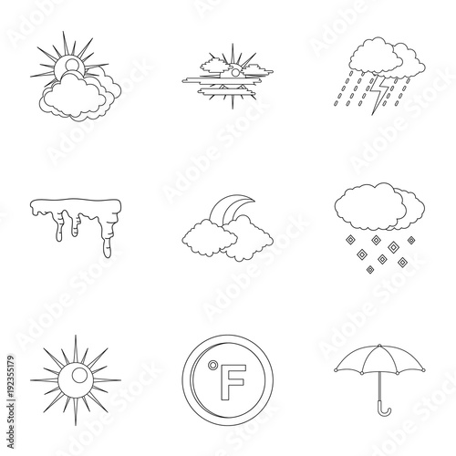 Climatological icons set. Outline set of 9 climatological vector icons for web isolated on white background