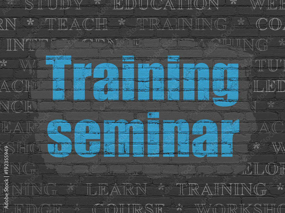 Studying concept: Painted blue text Training Seminar on Black Brick wall background with  Tag Cloud