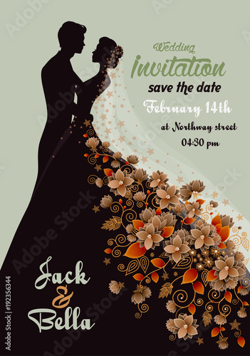 floral wedding invitation with a groom and bride
