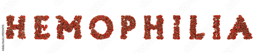 Hemofilia medical concept, a word hemofilia made of red blood cells isolated on white background, 3D illustration