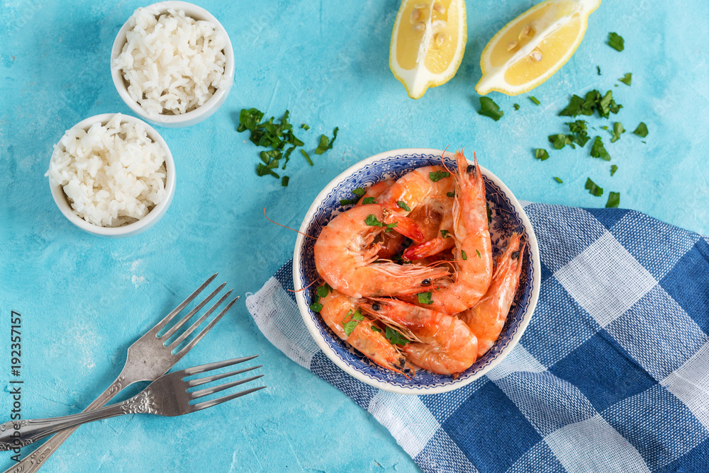 Plate with fried prawns and rice. Seafood. Plate with fried prawns and rice. Seafood.