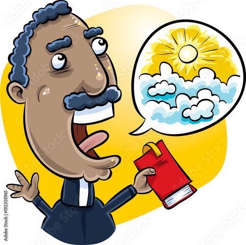 A happy, cartoon Christian minister holding a Bible, looking to the sky and preaching about heaven with a speech bubble.