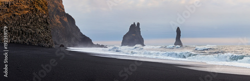 Reynisfjara black sand beach and Reynisdrangar rocks in Iceland at winter