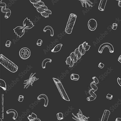 Italian pasta seamless pattern. Hand drawn vector illustration. Collection of pasta different types. Italian food design template. Engraved sketch style.