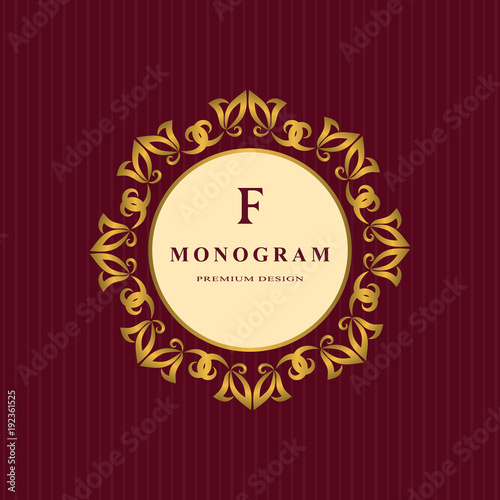 Gold Monogram design elements, graceful template. Calligraphic Elegant line art logo. Letter F emblem identity for Restaurant, Royalty, Boutique, Cafe, Hotel, Heraldic, Jewelry, Fashion, Wine. Vector