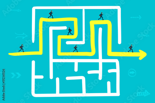 The businessman runs along the arrow to the exit from the labyrinth