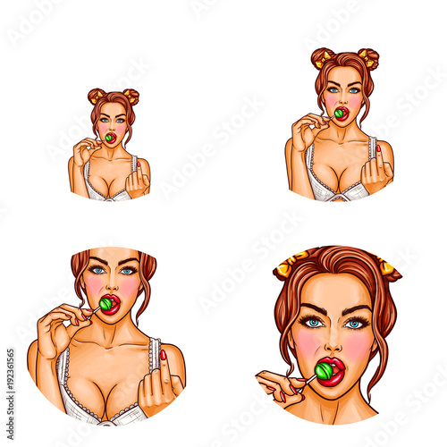 Vector pop art avatar of pin up brunette girl in white bra sucks lollipop and makes beckoning gesture with her finger, isolated on white background. Icon for chat, blog to announce sales, discounts