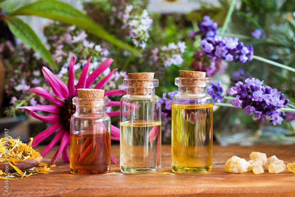 Bottles of essential oil with calendula, frankincense, echinacea, lavender Bottles of essential oil with calendula, frankincense, echinacea, lavender