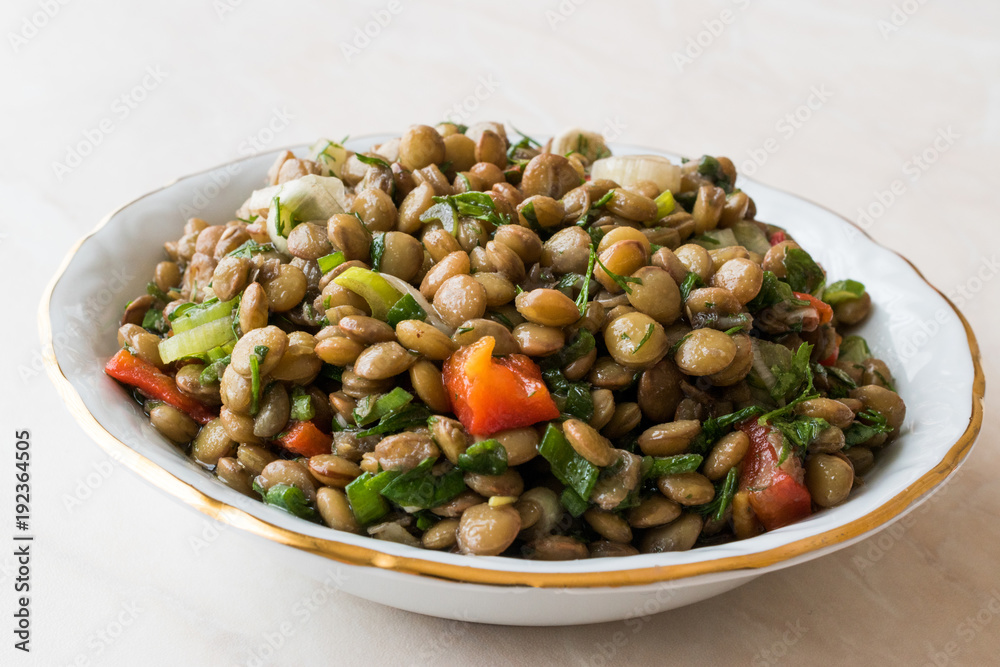 Lentil Salad with Onions, Parsley and Tomatoes in Ceramic Bowl. Lentil Salad with Onions, Parsley and Tomatoes in Ceramic Bowl.