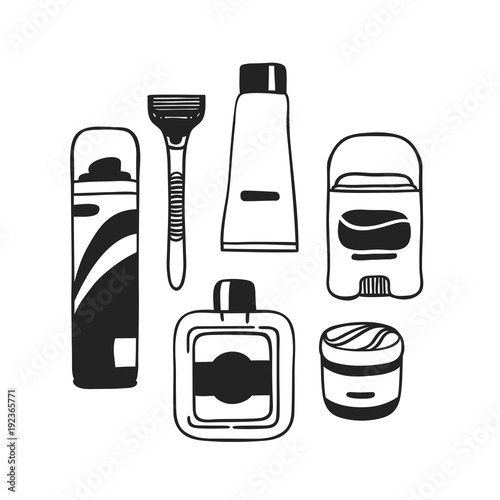 Hand drawn illustration tools for shaving. Creative ink art work. Actual vector male drawing